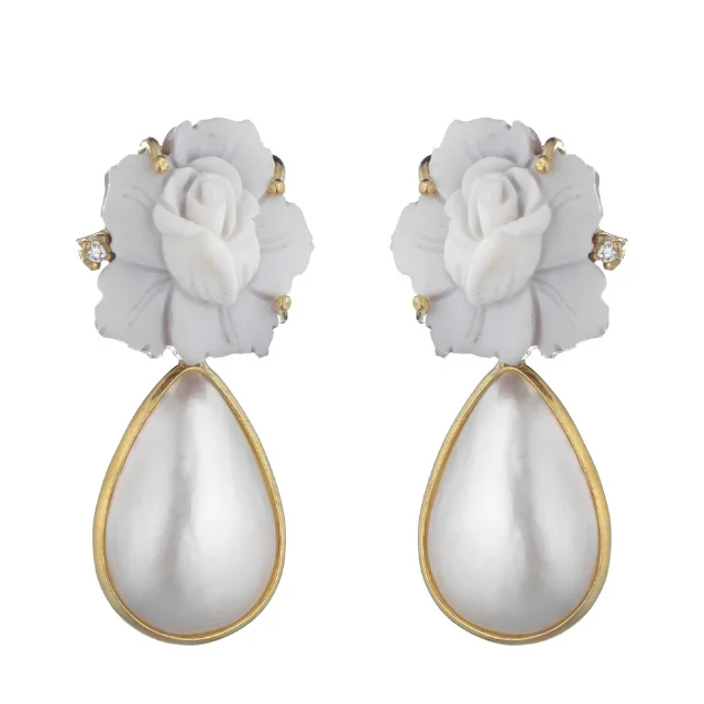 EARRINGS FLOWERS in Sardonyx Cameo Drop Shaped Mabe Pearl 925 Gilded Silver Entirely Handmadeinitaly