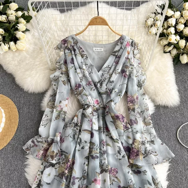 Long Sleeve O-Neck Solid A-Line Dress Autumn Floral Print High Waist Maxi Dress Ladies Elegant Dresses Clothes Women Wholesale