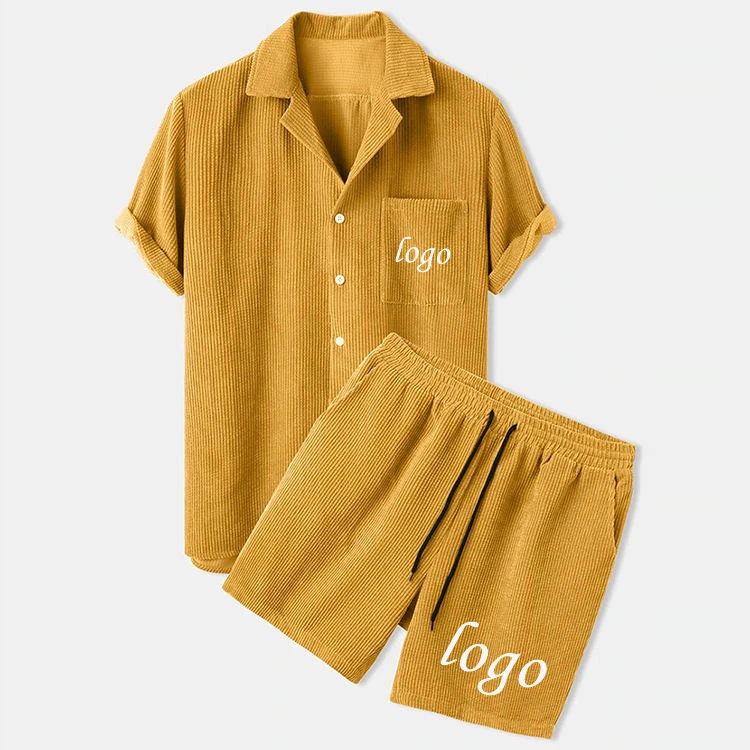 OEM Custom logo summer wear solid mens corduroy shirts shorts set mens Custom two piece men shirt and short Sets