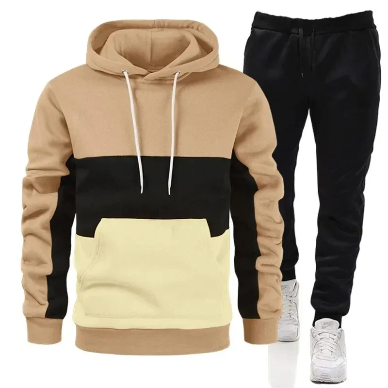 Mens Tracksuit New High Quality Hooded Sweatshirt+Sweatpants 2 Piece Set Luxury Casual Sports Suit Jogging Patchwork Clothing