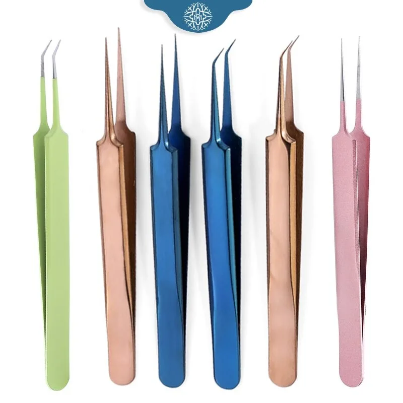 Private Logo Pointed Stainless Eyelash Extension Russia Volume Tweezers Eyebrow Tweezer Nippers Colorful Titanium