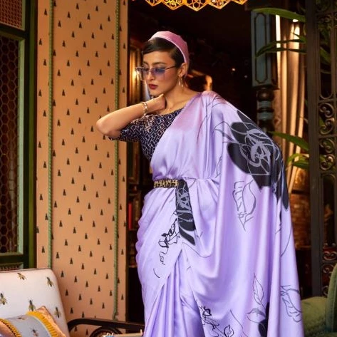 Fabric Details Italian Crape satin Silk Digital Mill Print Designer Saree With Contrast Blouse Party wear Traditional