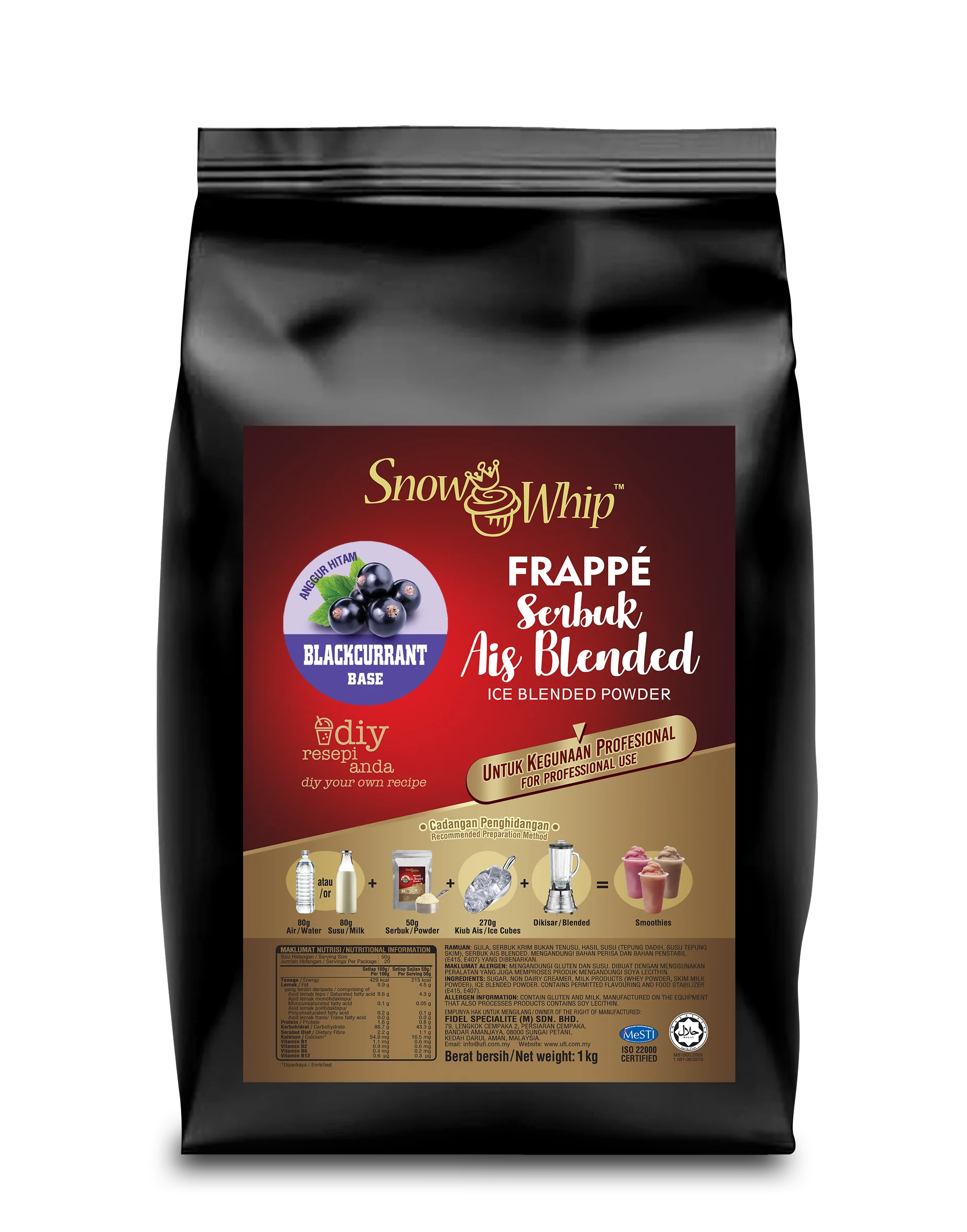 Snow Whip Wholesale Best Quality Halal Sweet Blackcurrant Flavour Milk Shake Ice Blended Powder 1Kg Malaysia Brand