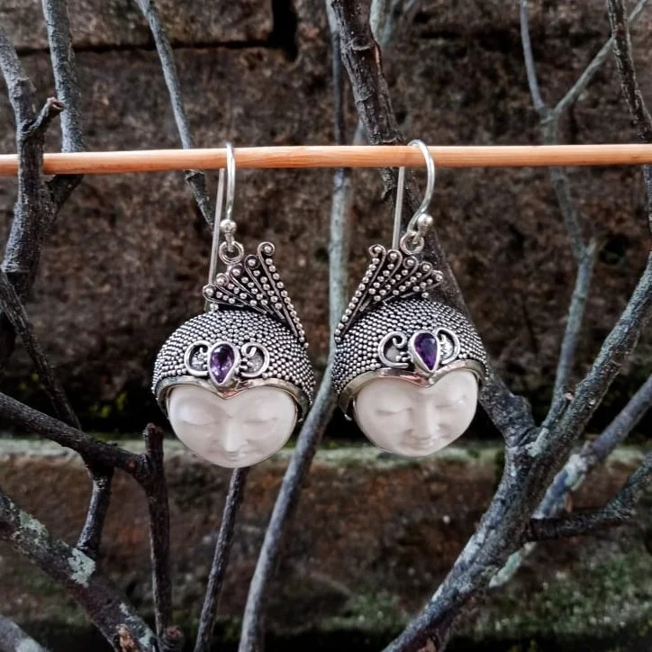 NY-MFER-011 Luxury Silver Earring for Women Bone Moonface Design Special Carving Gift for Girls Sterling Silver Jewelry