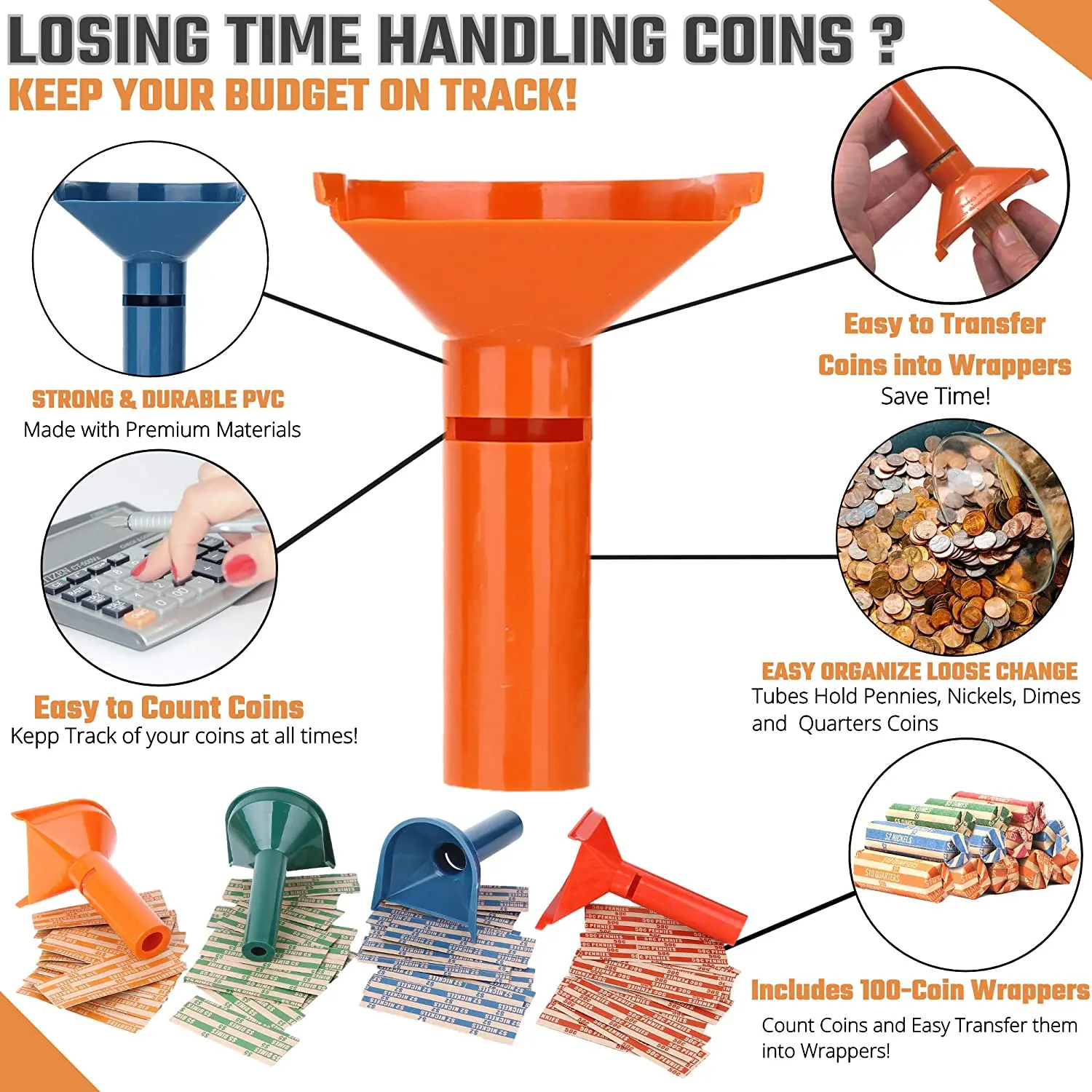 IHOMELIFE Coin Sorters Tubes Bundle 4 Color 100 Assorted Coin Wrappers