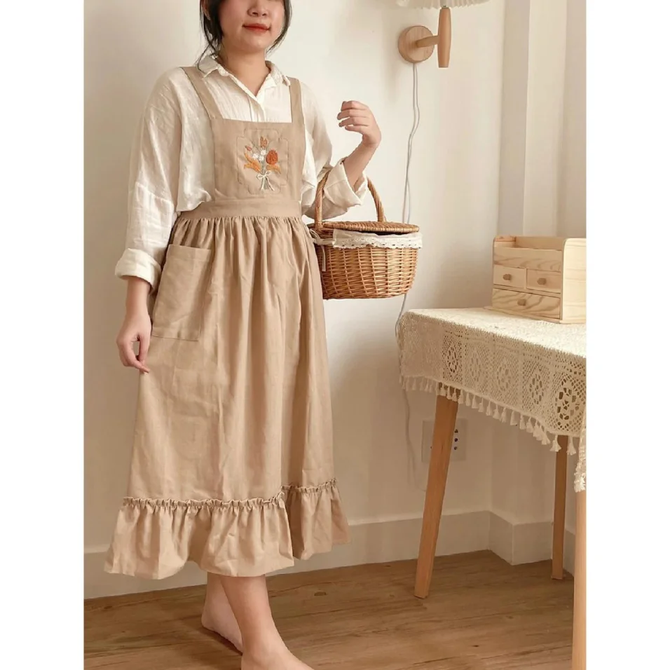 Linen Hand Embroidered Apron Apron For Women Embroidery Aprons Home Kitchen Garden OEM Made In Vietnam