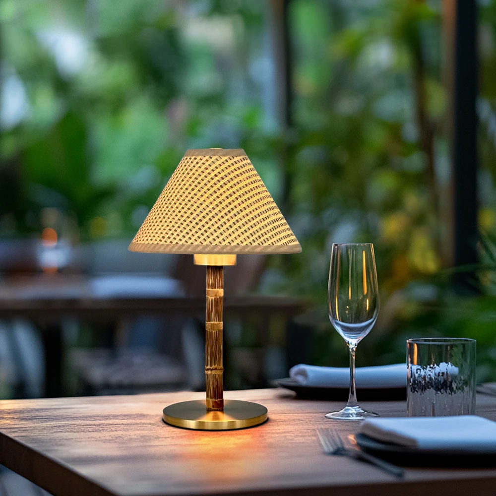 European Style Bamboo Cordless Led Table Lamps 2800mah Battery Remote Control Rattan Restaurant Table Light
