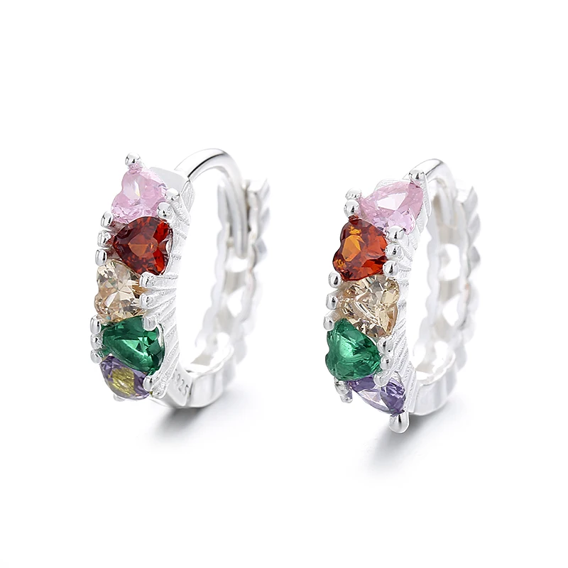 Colorful Women Moissanite Cubic Zirconia Stud Earrings 925 Sterling Silver Hollow Hoop Huggies Earrings Silver Plating
