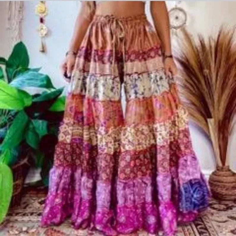 Boho Gypsy Hippie Patchwork Maxi Skirt One Size S to 2X Super High Quality Silk Wide Leg Palazo Pant