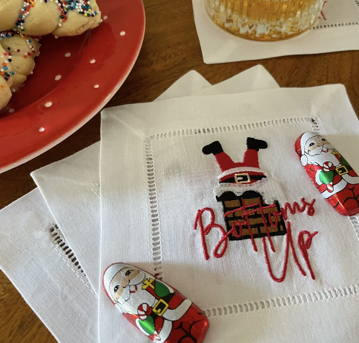 Bottoms up Santa Holiday Cocktail Cloth Napkins Embroidered for Festive Beverages