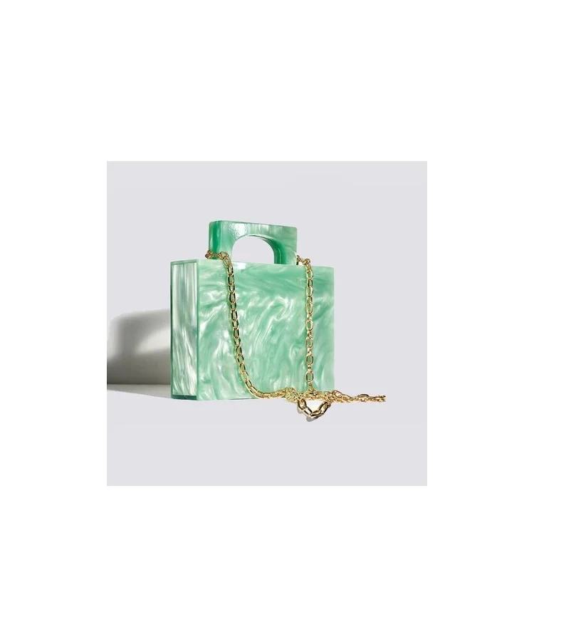 Green Color Handmade Manufacturer Resin Clutch With Metal Chain Top Quality Fashion Resin Clutch For Women And Girls Gift Use