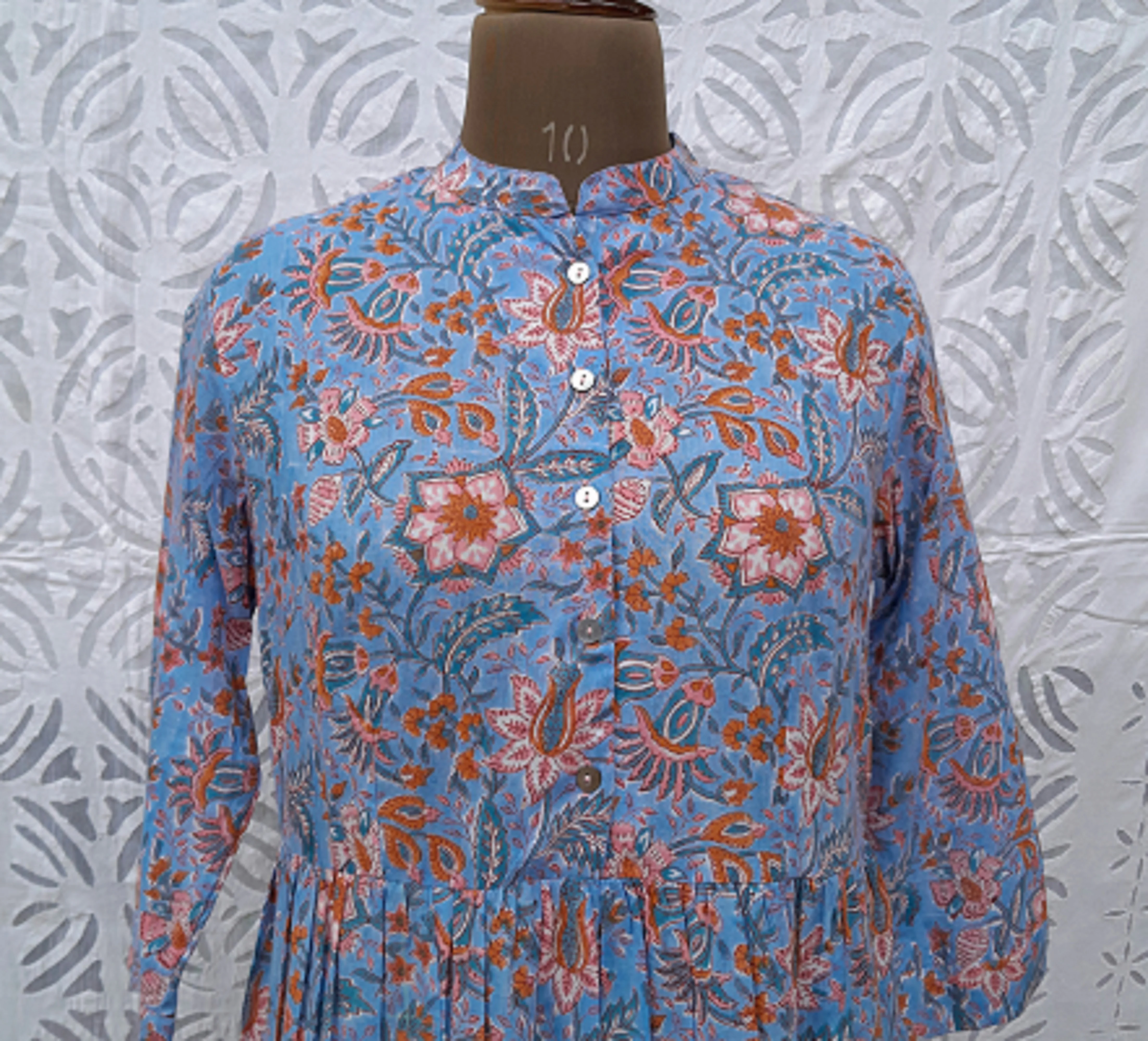 Women Summer Long Sleeve Stand Collar Floral Shirt Pattern Party Dress With Pockets, Colorful Hand Block Printed Boho Dress