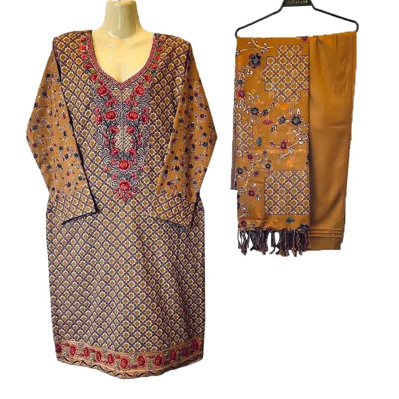 wholesale pakistani cotton lawn suits over Neckline Embroidery With Plain Salwar and Chiffon Dupatta