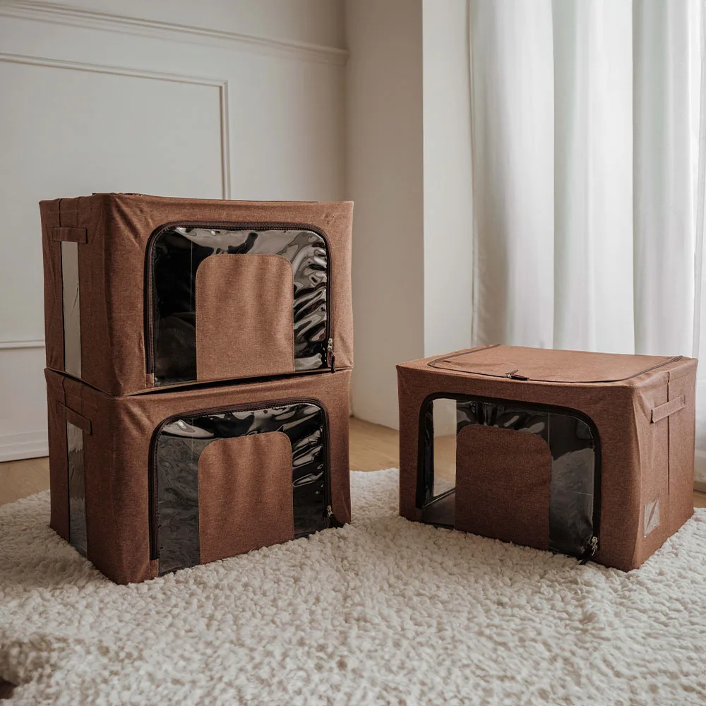 Steel Frame Storage Box 66L Cloth Storage Box Folding Wardrobe Fabric Extra Large Storage Bag with Clear Window Sturdy Zippers