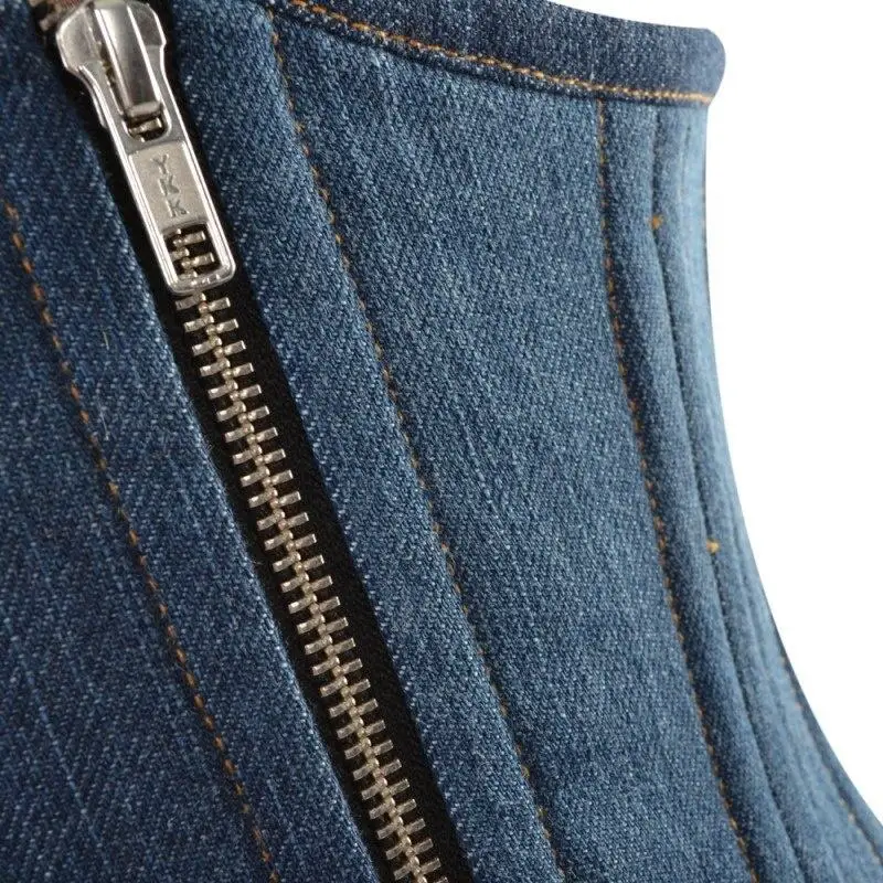 COSH CORSET New Design Of Underbust Steelboned Blue Denim Corset Stitched With Golden Thread Sexy Women Zipper Outfit