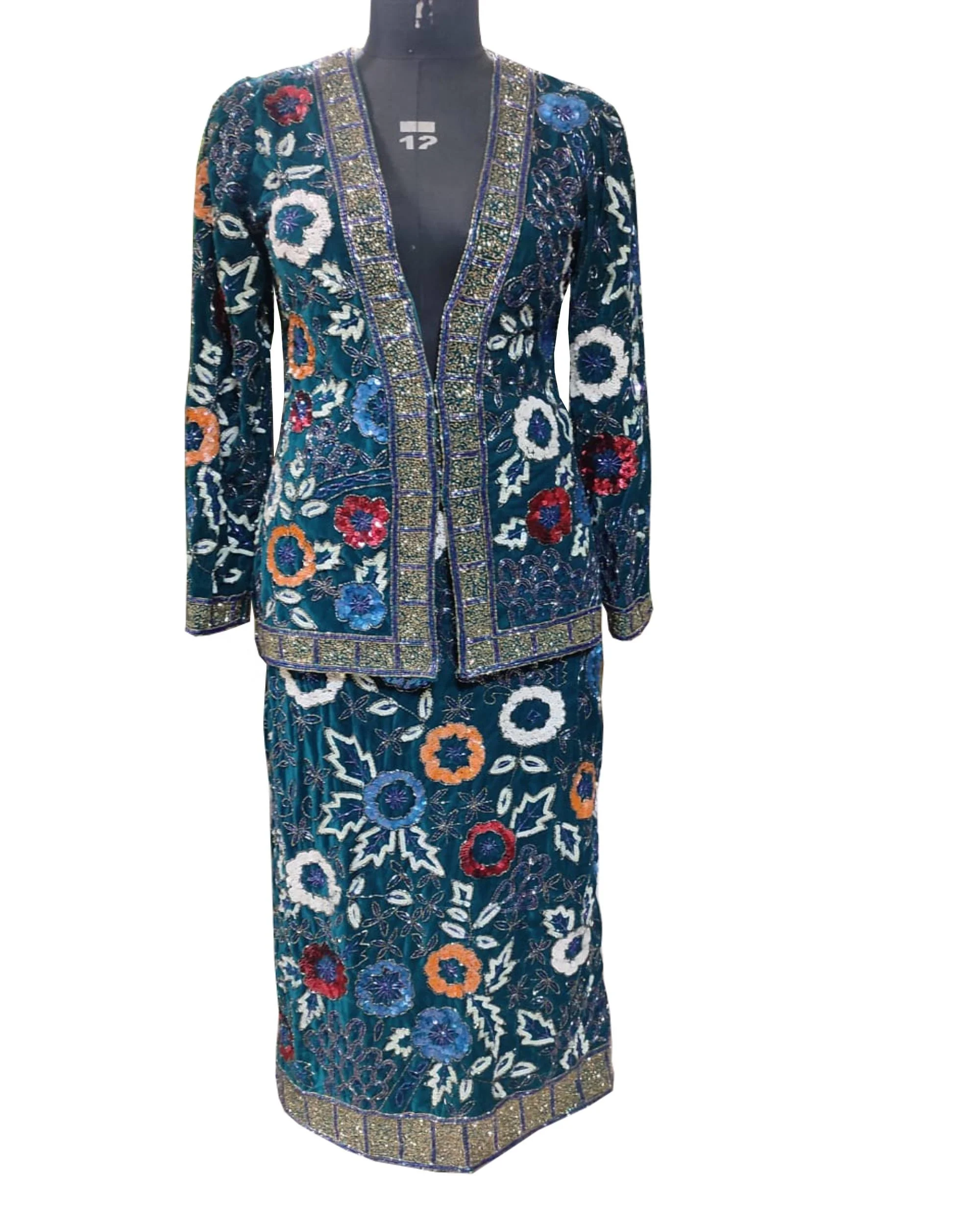 trendy fashionable 2 piece very beautiful skirt and jacket heavily fully embroidery hand beaded evening wear