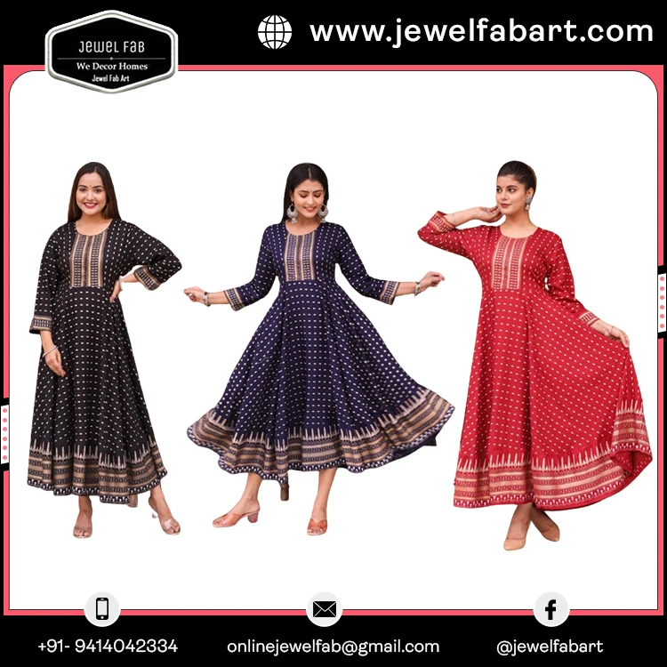 Modern Women Wear Flair Gown With Gold Printed Hand Work Design Buy From India With Love Handmade Premium OEM ODM accepted