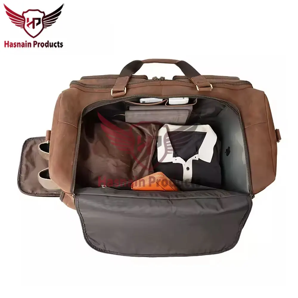 Customized Large Capacity Genuine Real Leather Weekender Bag Premium OEM ODM Vintage Brown with Logo Sport Style for Gym Usage