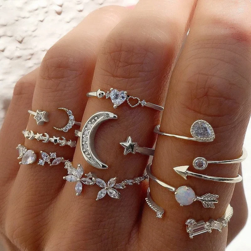 Wholesale Bohemian Midi Knuckle Ring Set For Women Crystal Star Moon Flower Love Crescent Geometric Finger Rings Vintage Jewelry