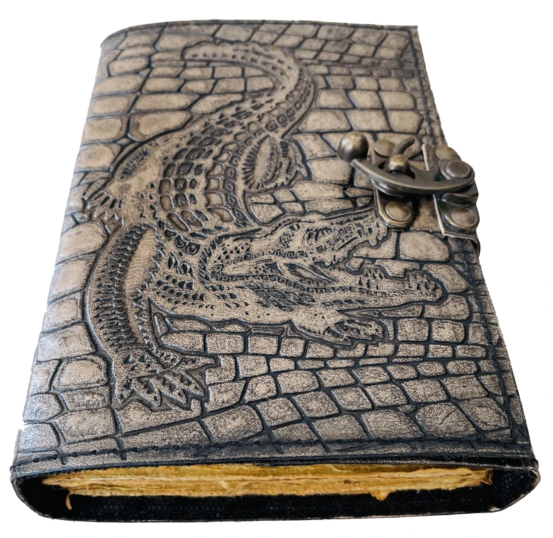 Alligator Crocodile Embossed Leather Journal Vintage Handmade Custom Notebook Deckle Edge Paper Diary With Antique Brass C Lock