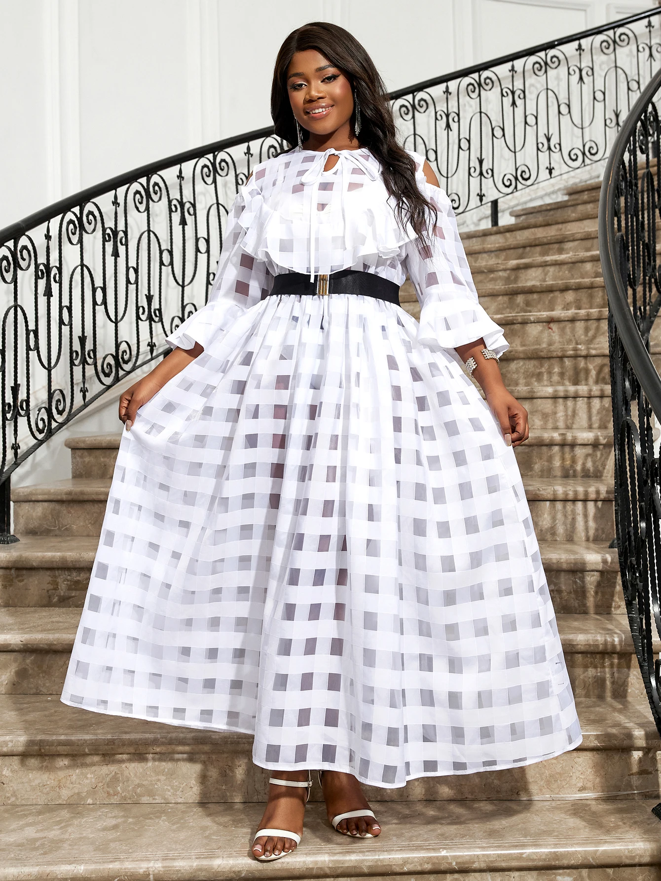 Flare Sleeves Cold Shoulder See Through A Line Women Casual Dress with Belt