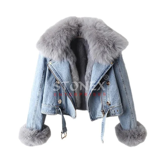 Elegant Women Winter Real Fox Fur Collar Denim Jacket Women Loose Short Outerwear With Belt And Zipper