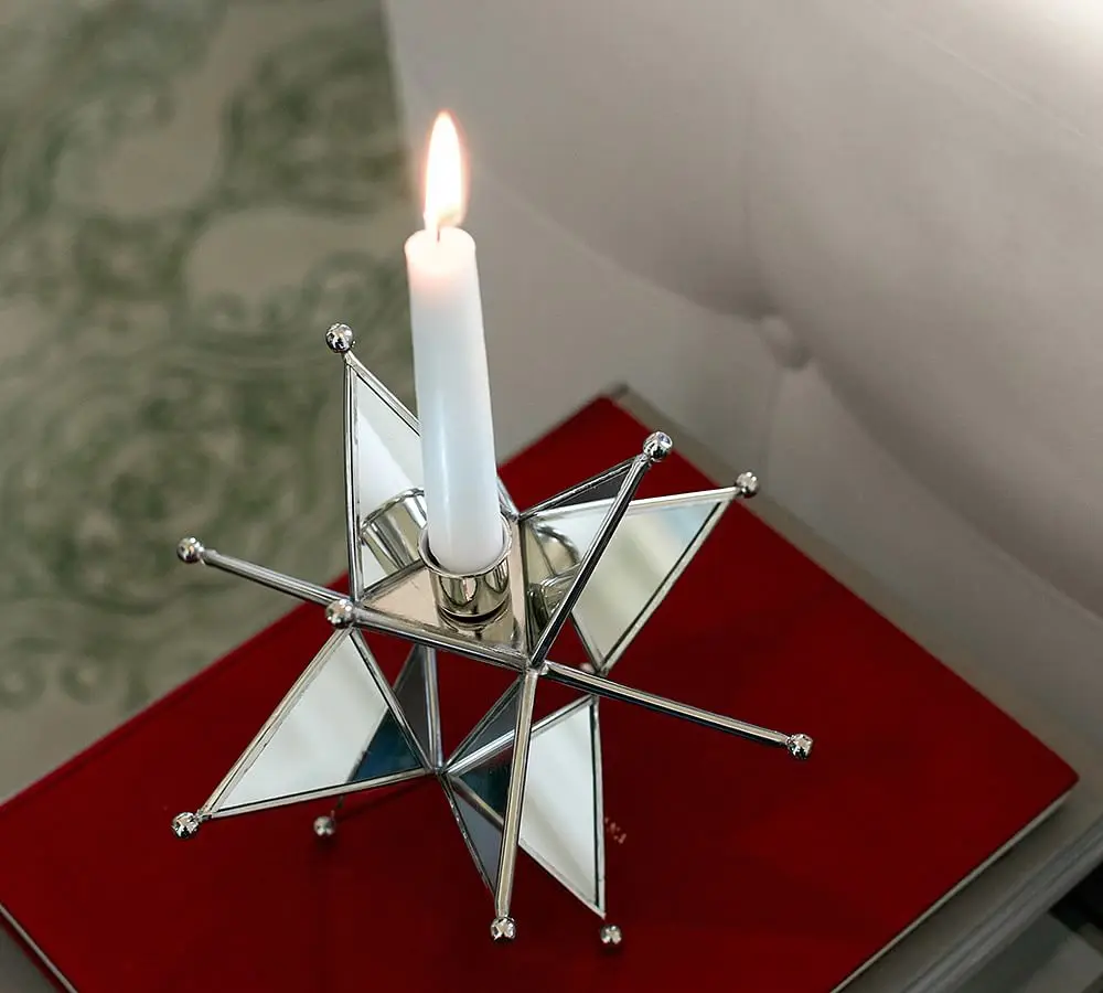 2024 Christmas Decorations Star Shape Silver Metal Framed Mirror Candle Stick and Tea Light Holder for Home Decorations