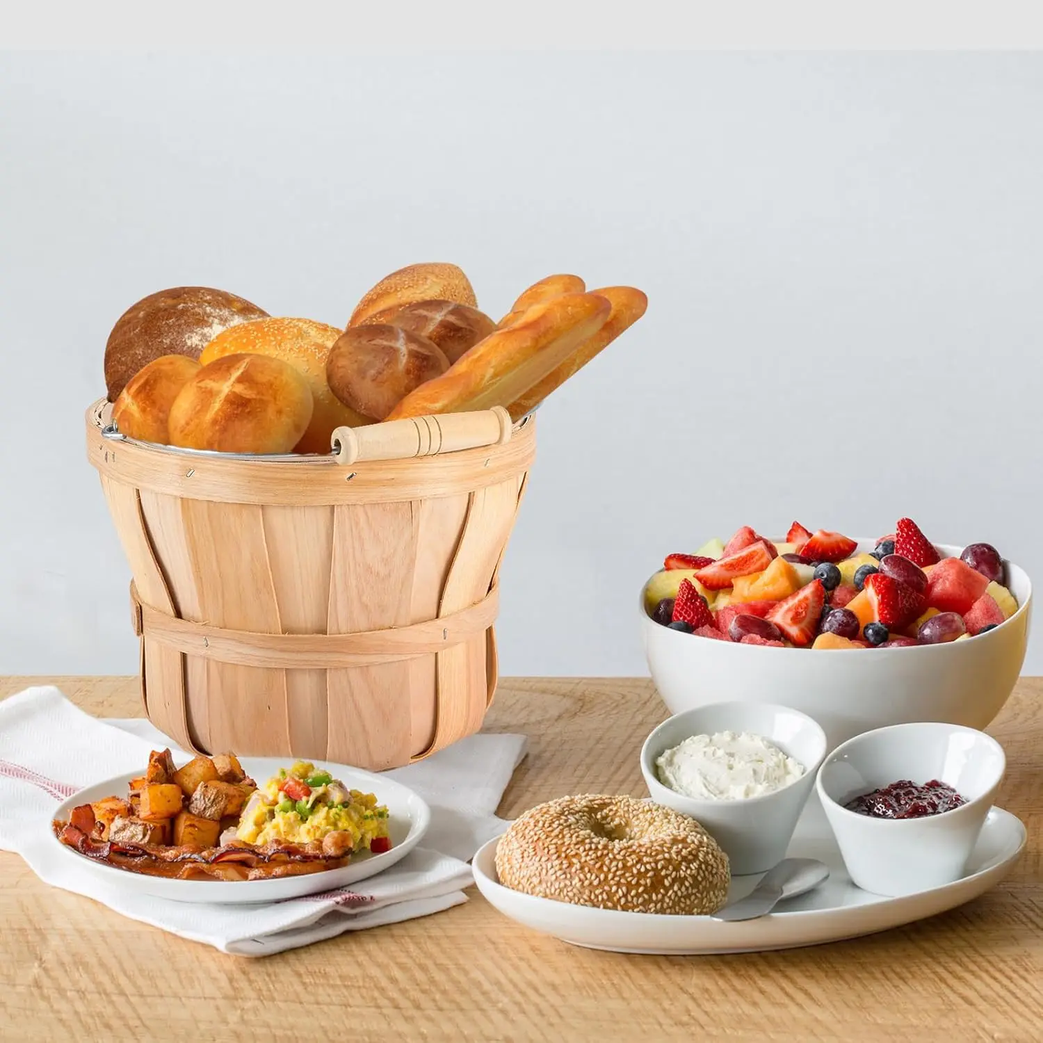 Round Wooden Baskets with Handle Easter Egg Gathering Baskets Natural Rustic Wood Fruit Buckets 4-Quart Farm Harvest Basket,