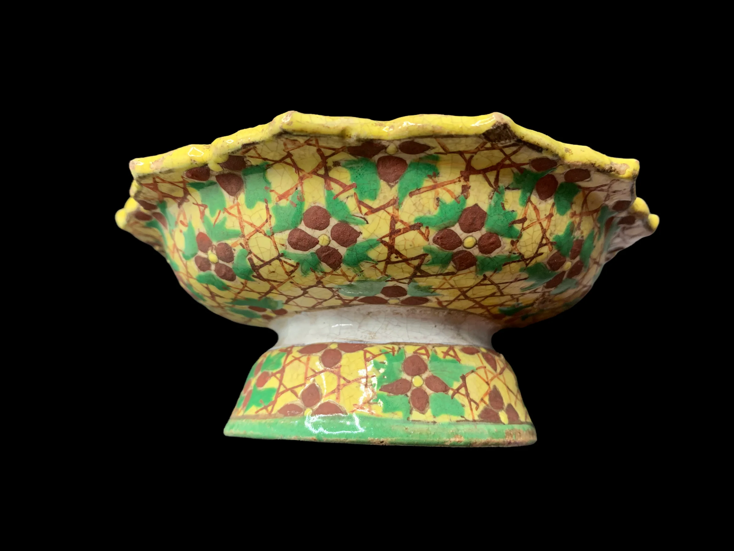 Antique Benjarong Ceramic Stem Dish Painted With Floral Design in Lotus  Petal On A Yellow Ground for Collectible
