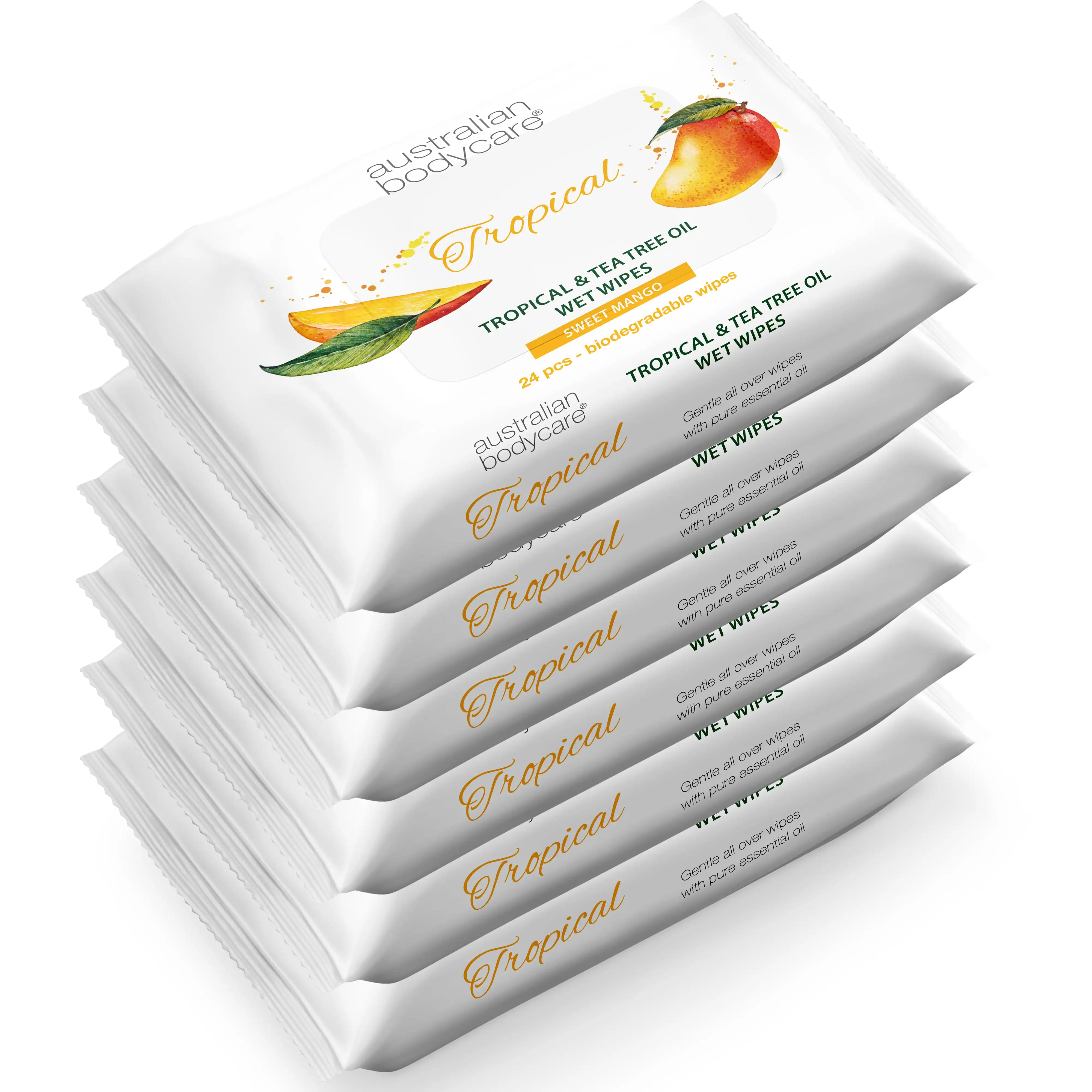 Biodegradable Wet Wipes wholesale Tea Tree & Mango: 24 pcs. Adult wet wipes for Sweat, Dirt, Makeup. Refreshing, Moisturizing