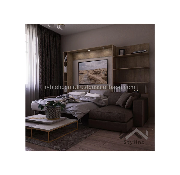 Set of home furniture sofa and wall-folding bed 2000x1600 mm with side shelves good quality manufacturer prices wall