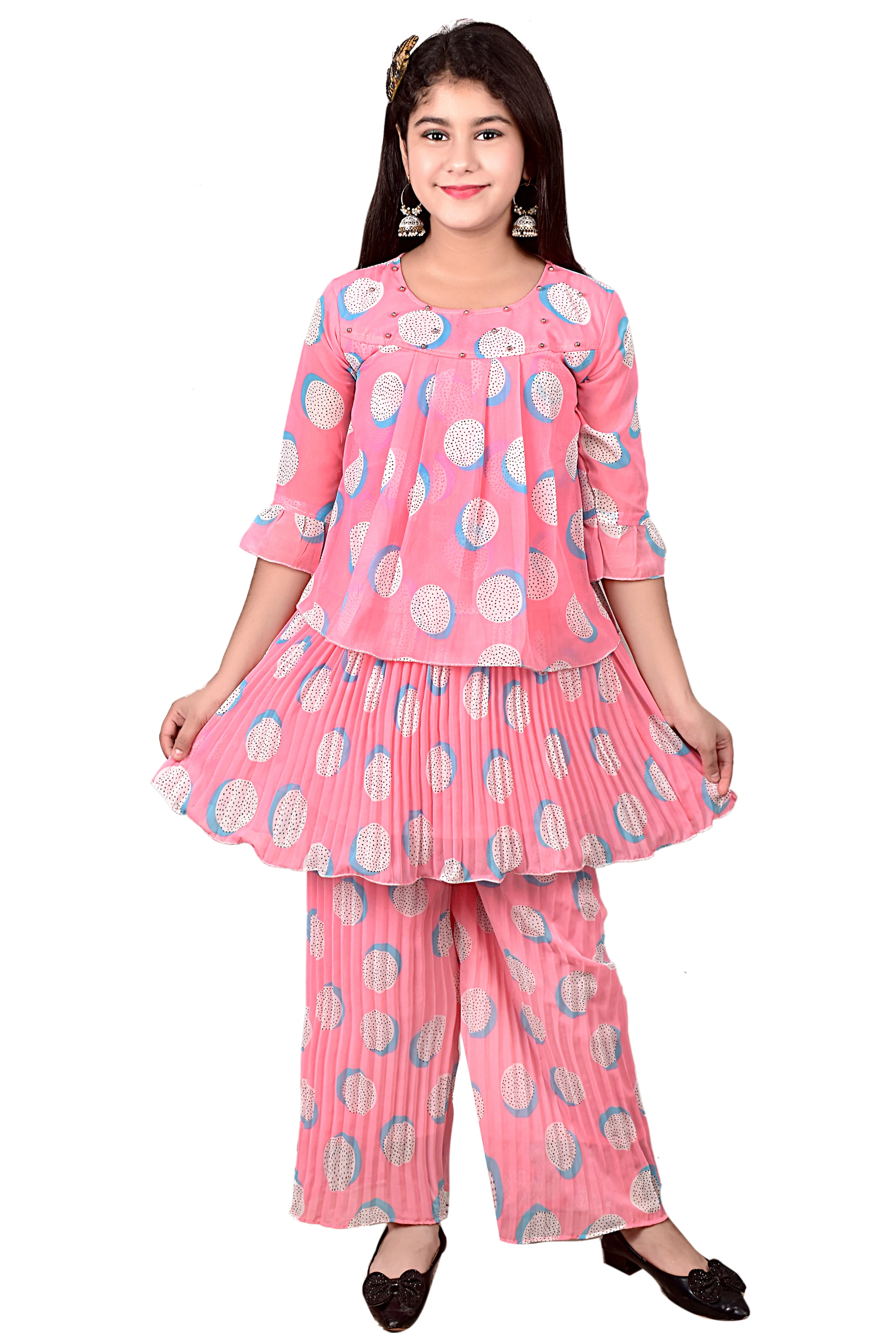 High on Demand New Design Indian Exporter Girls Clothing Cotton and Chiffon Kurti Plazzo Set for Festive Wear