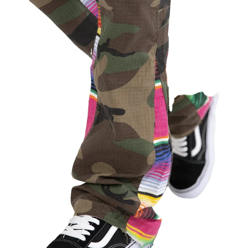 2022 Men Fashionable 100% Cotton Slim Serape Patchwork Boot Cut INS Style Military Camouflage Cargo Pants Flare Sweat Pants Men