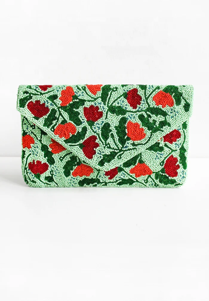 Tropical Leaf Seed Bead Crossbody Chain Clutch Boho Handbag Handmade Purse Bag Bridal Gift beaded handbags Clutch Bags Evening F