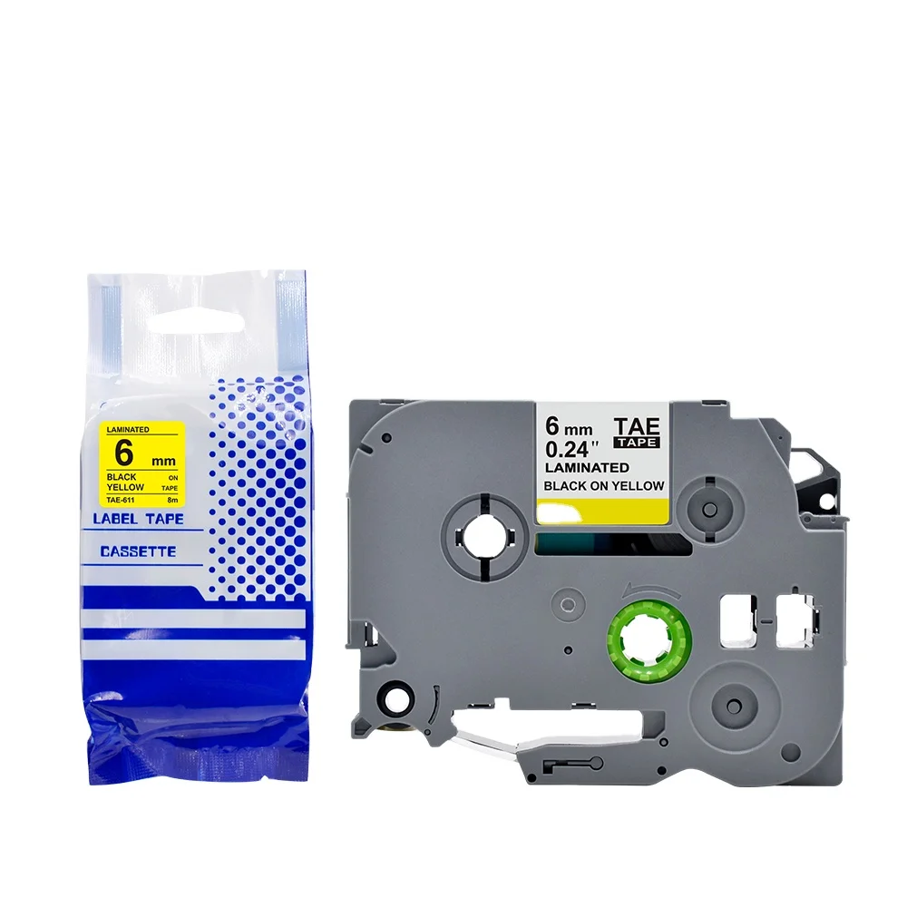 Tatrix  TZE611 6mm*8m Black on Yellow Laminated Tze Label Tape Compatible for Brother P-Touch  TZe 611 Label Printer