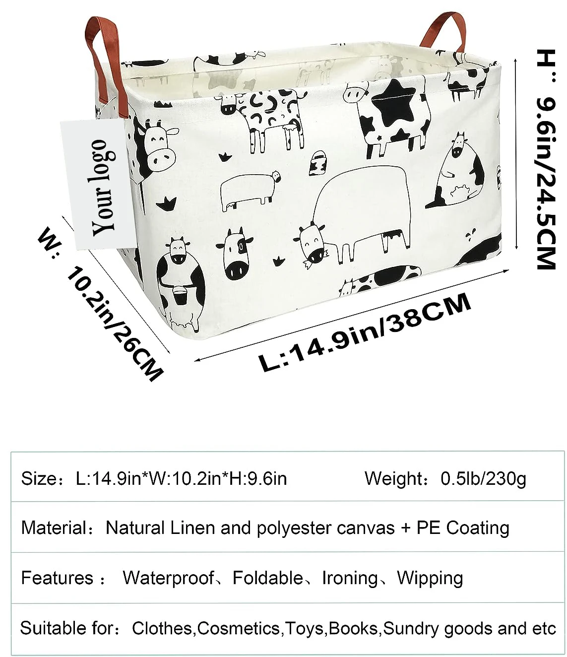 Storage Basket Nursery Hamper Canvas Laundry Foldable Basket with Waterproof PE Coating Office Bedroom Clothes Toys