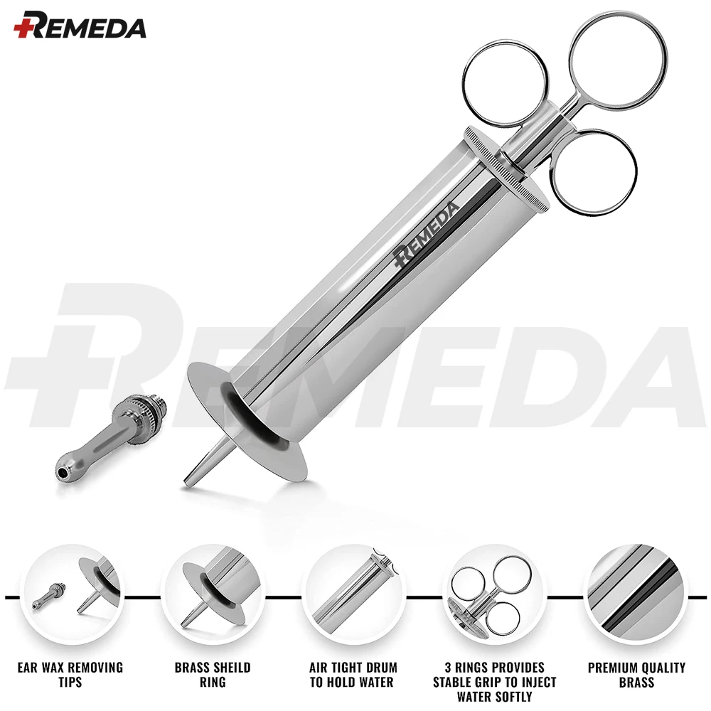 REMEDA Ear Wax Removal Syringe Durable Brass Construction Chrome Finish 3 Oz Capacity Safe & Easy to Use 100ml