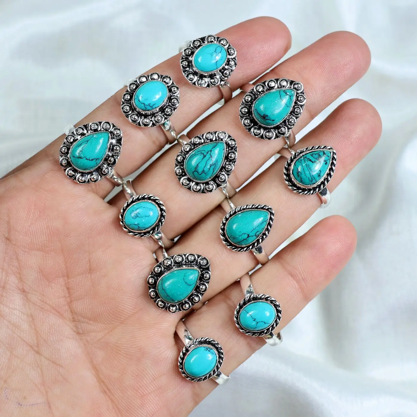 AAA Top Blue Turquoise Gemstone Ring Cabochons Silver Plated Ring Jewelry With Charms Designer Collection Jewellery Rings
