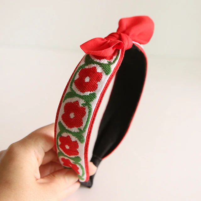 Girls Cute Embroidered Camellia Flower Ribbon Headband Korea fashion hair accessory
