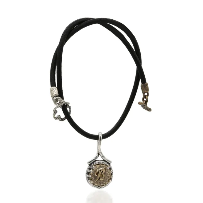 Handmade jewellery best quality 925 silver and bronze customizable lettering pendant leather drawstring T-bar craft closure