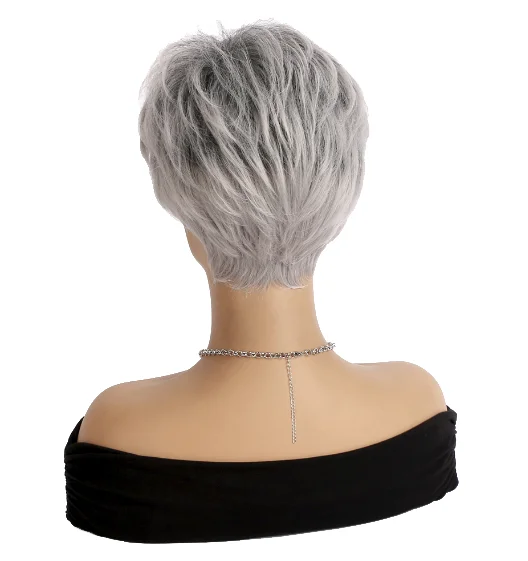 Fluffy Gray Short Layered Bob Haircut Wigs for Women Mixed Grey Elegant Synthetic Hair Straight Natural Bob Wig 57cm head circle