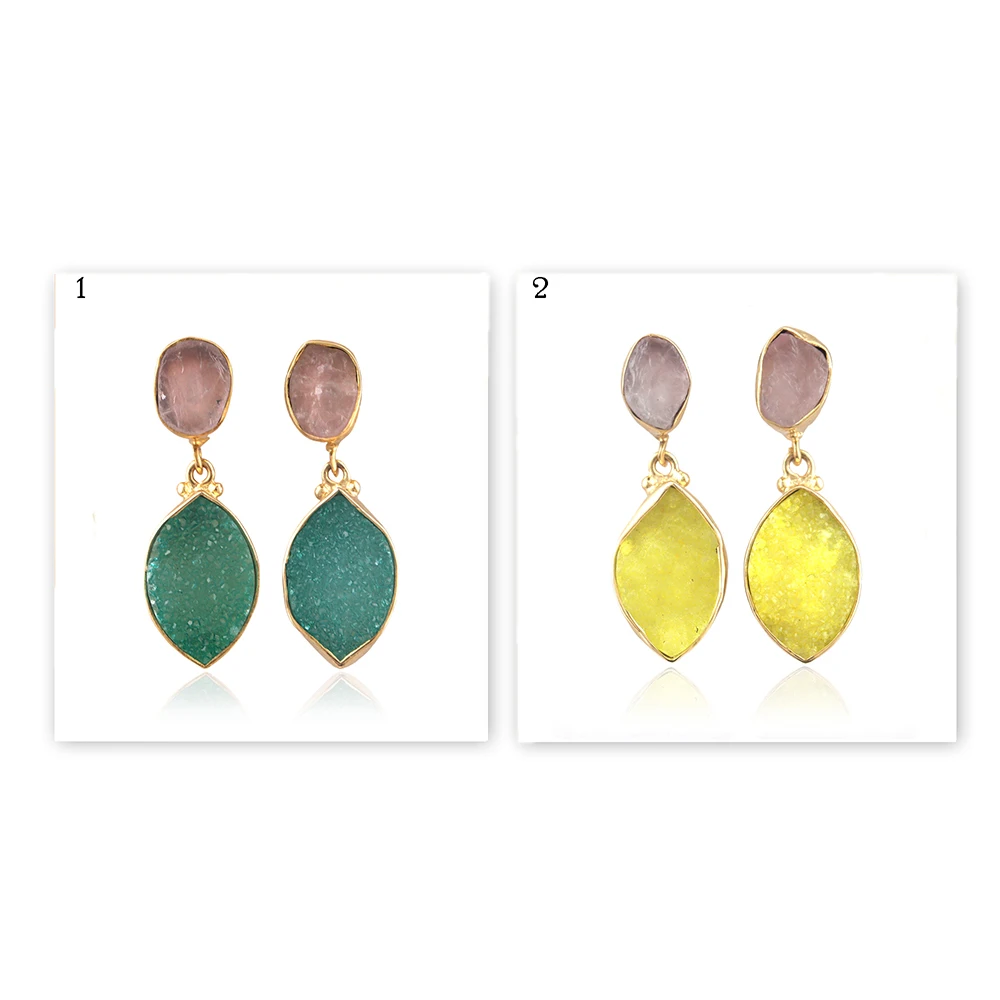 Custom two stone earrings real raw rose quartz with resign sugar druzy stud drops 18k gold plated women jewelry studded earrings