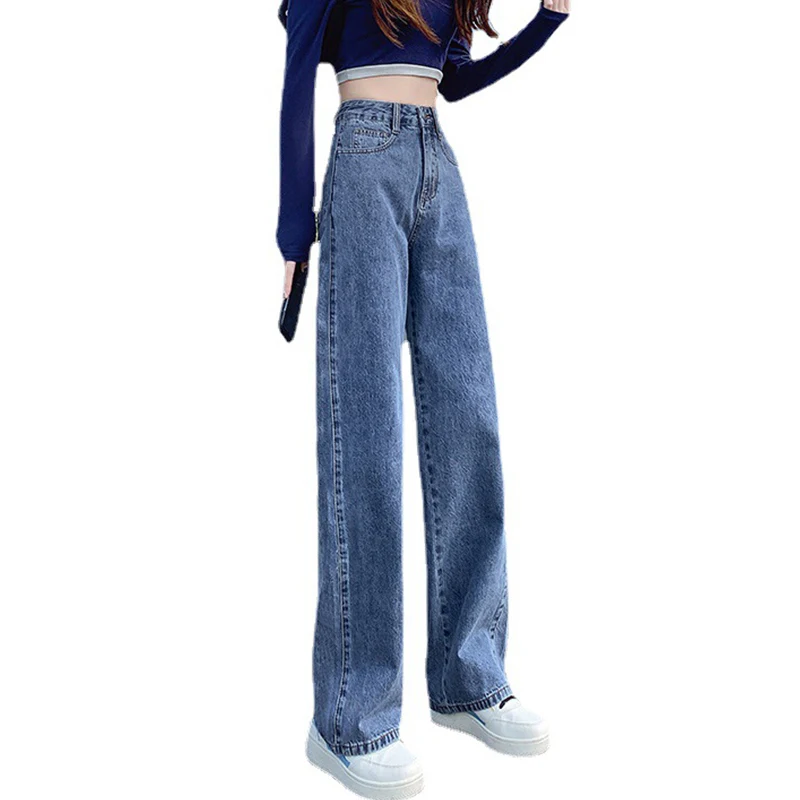 2024 Women Denim Jeans Long Pants Wide Leg Straight Trousers Solid Color Lady Girls Fashion Loose High Waist Zipper Casual Jeans