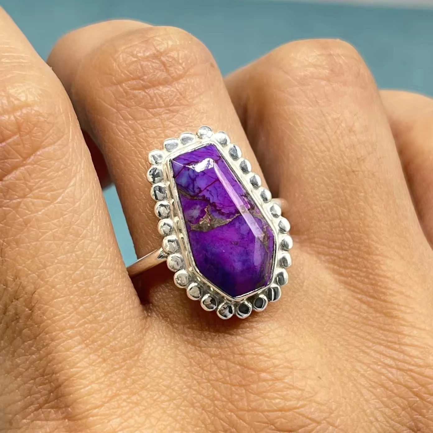 Natural Purple Copper Turquoise Rings coffin shape rings  Handmade rings Silver jewellery manufacture Gemstone manufacture