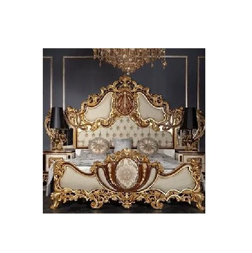 Royal Velvet Upholstered Double Bed Frame King Size  Europe style royal furniture luxury classic carved wooden double bed