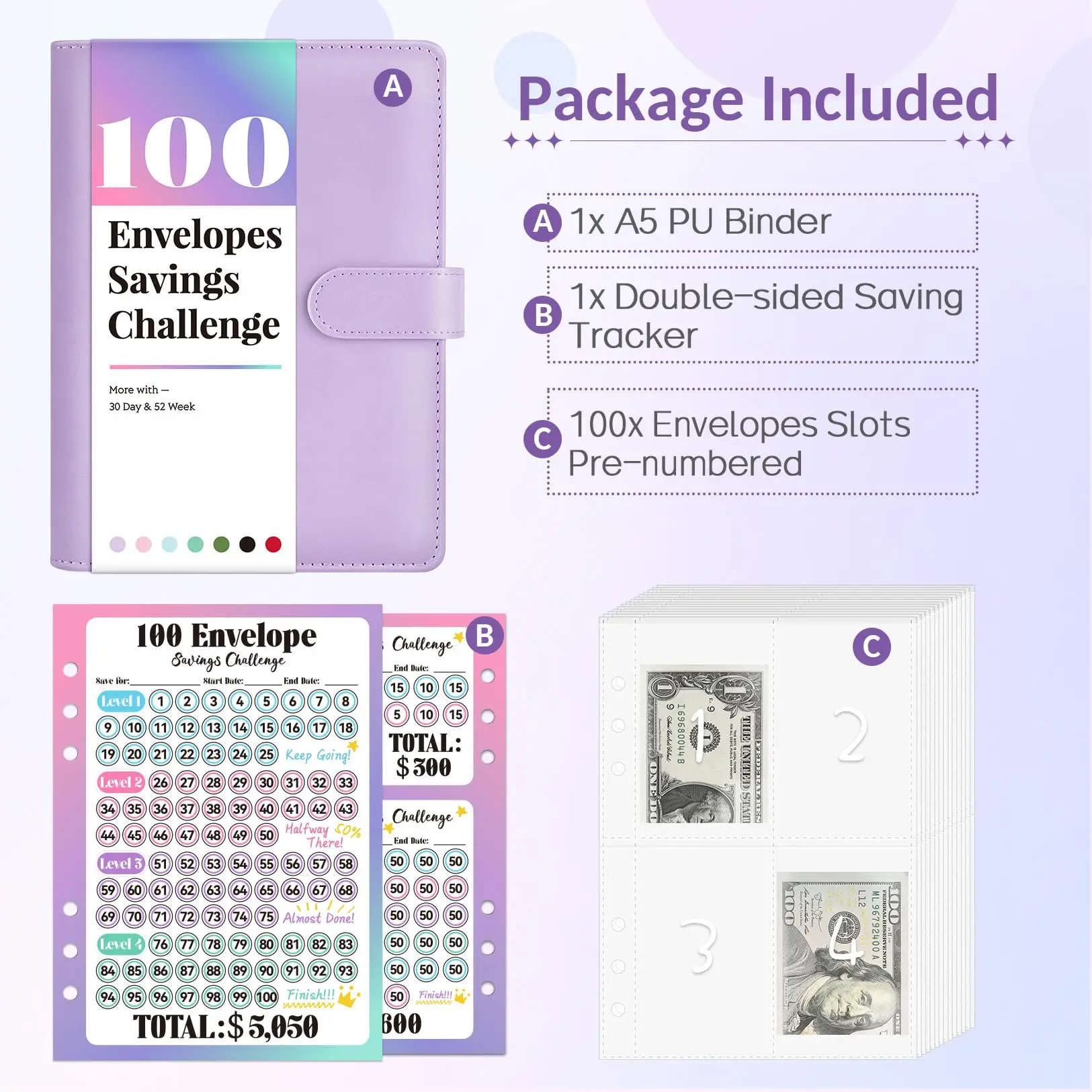 Custom A5a6 Leather 100 Challenge Clear Insert Set Money Saving Budget Binder Planner With Cash Envelope System