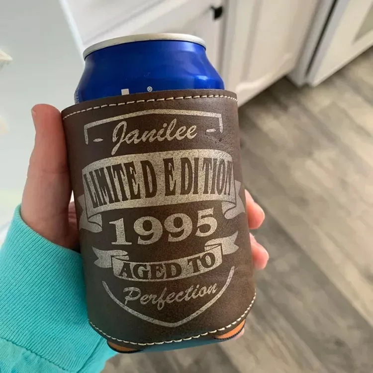 reusable beer holder sleeve custom logo pu leather can cooler