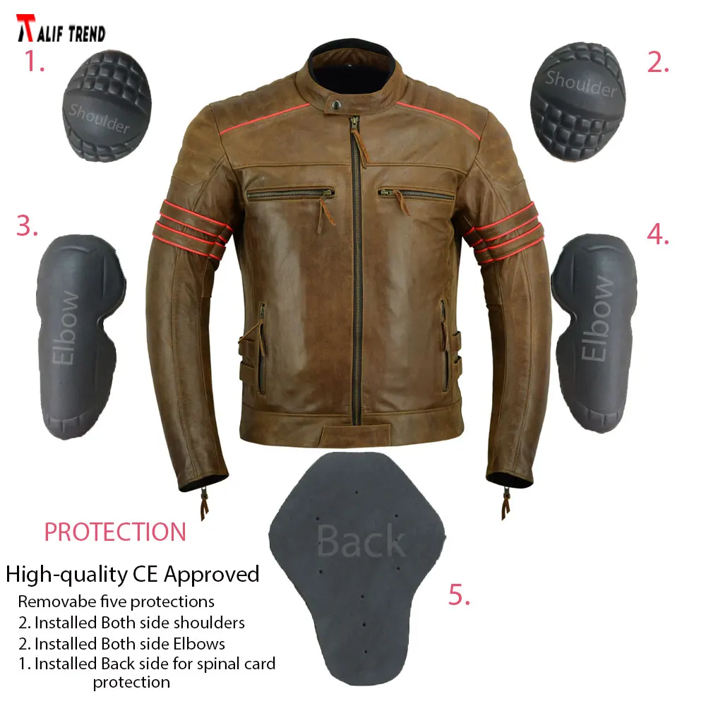 Ce certified armor protection 100% genuine leather motorcycle leather jacket custom made crispy brown men riding jackets racing