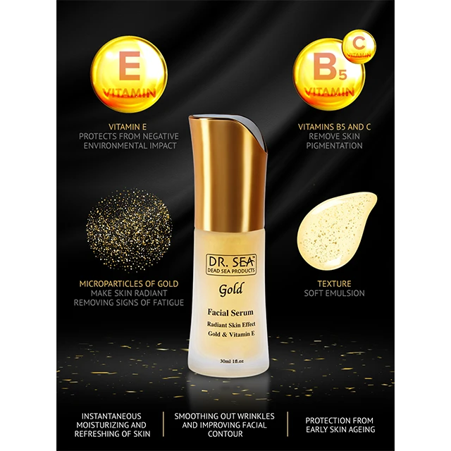 Dr.Sea Cosmetic Skin Care Face Daily 30 ml Private Label Facial Serum Gold Vitamin E Aging Skin Radiant Effect Certified MSDS
