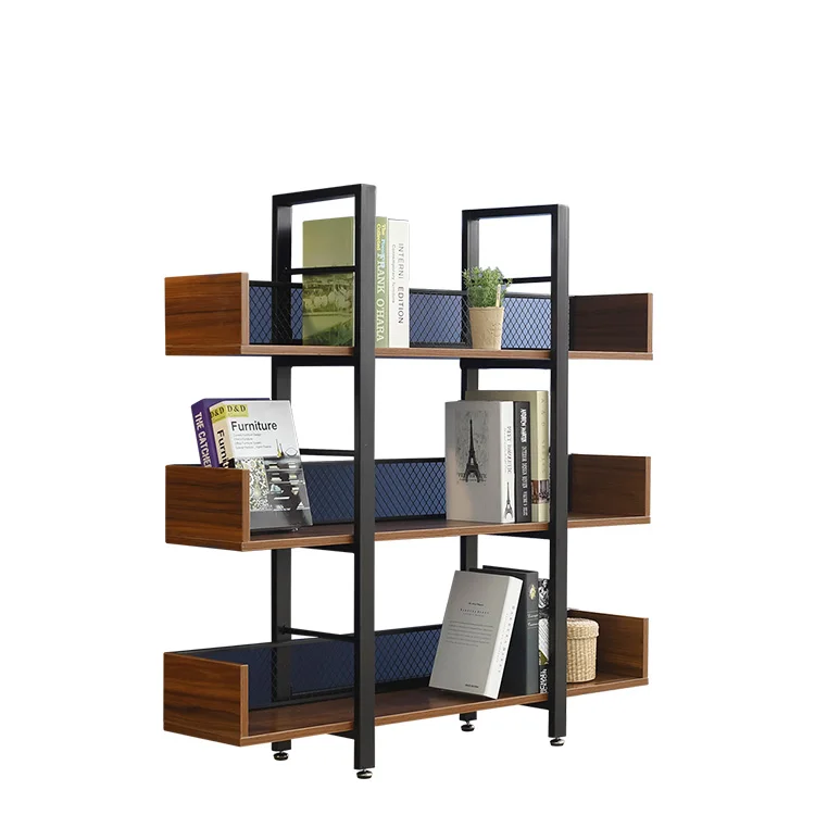Industrial Wood Wooden Metal Display and storage square White frame 5 tiers back mesh leaning  bookshelf